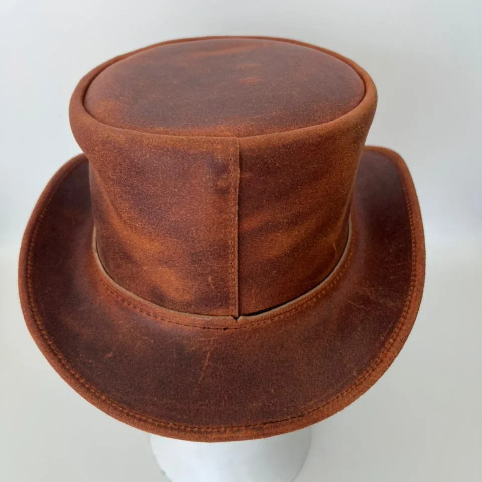 Light Neutral Handmade Leather Fashion Top Hat Style 114 side view - light neutral steampunk top hat with structured crown
