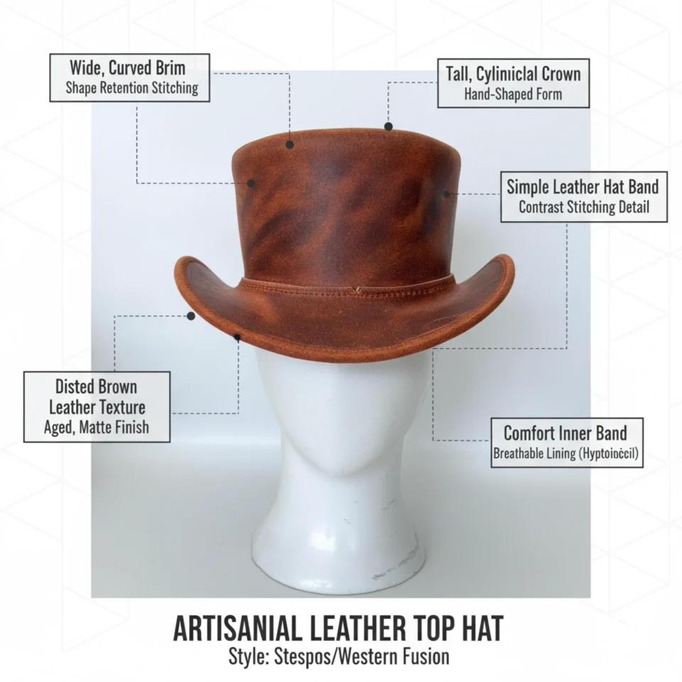 Light Neutral Handmade Leather Fashion Top Hat Style 114 three quarter view - light neutral steampunk top hat with structured crown