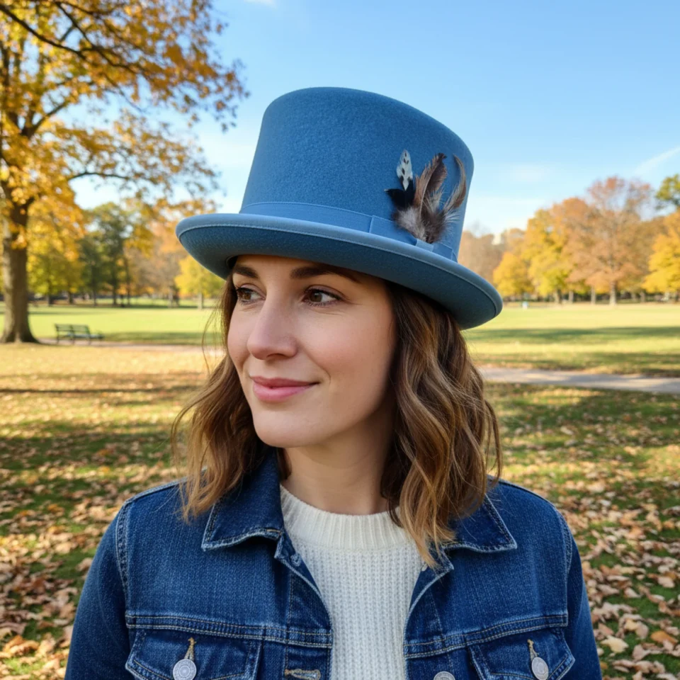 Light Neutral Handmade Leather Fashion Top Hat Style 123 front view - light neutral steampunk top hat with structured crown