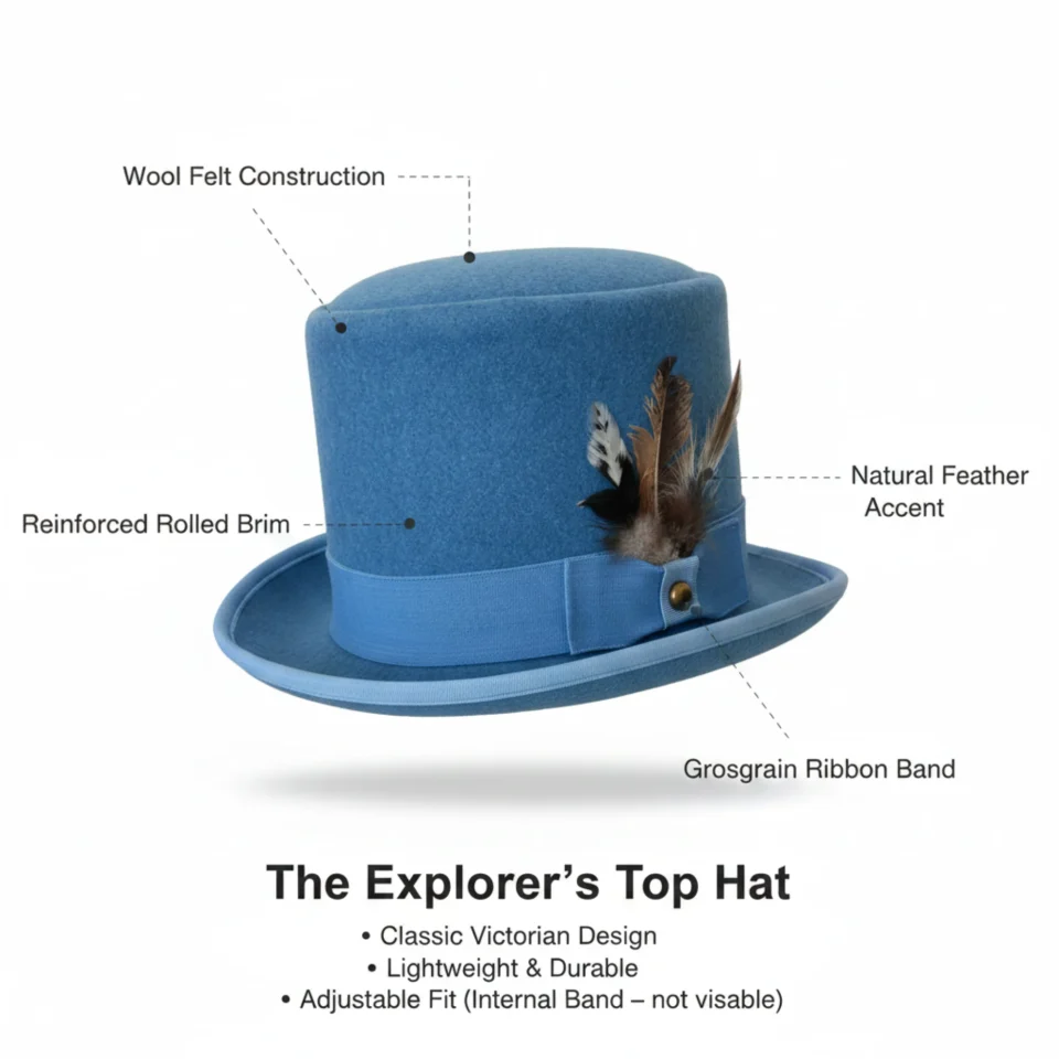 Light Neutral Handmade Leather Fashion Top Hat Style 123 three quarter view - light neutral steampunk top hat with structured crown