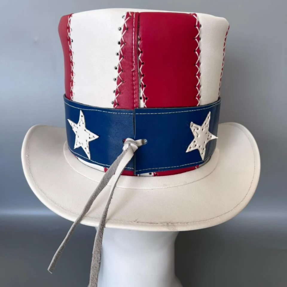 Light Neutral Handmade Leather Fashion Top Hat Style 126 back view - light neutral steampunk top hat with structured crown