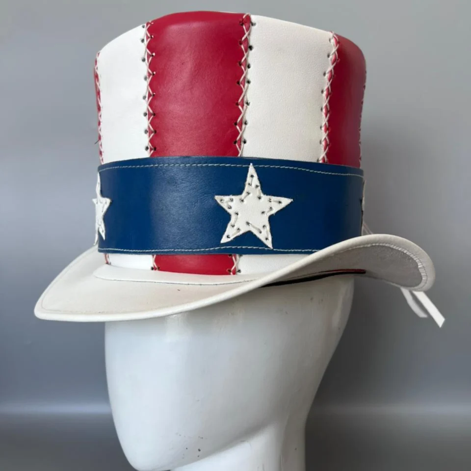 Light Neutral Handmade Leather Fashion Top Hat Style 126 side view - light neutral steampunk top hat with structured crown
