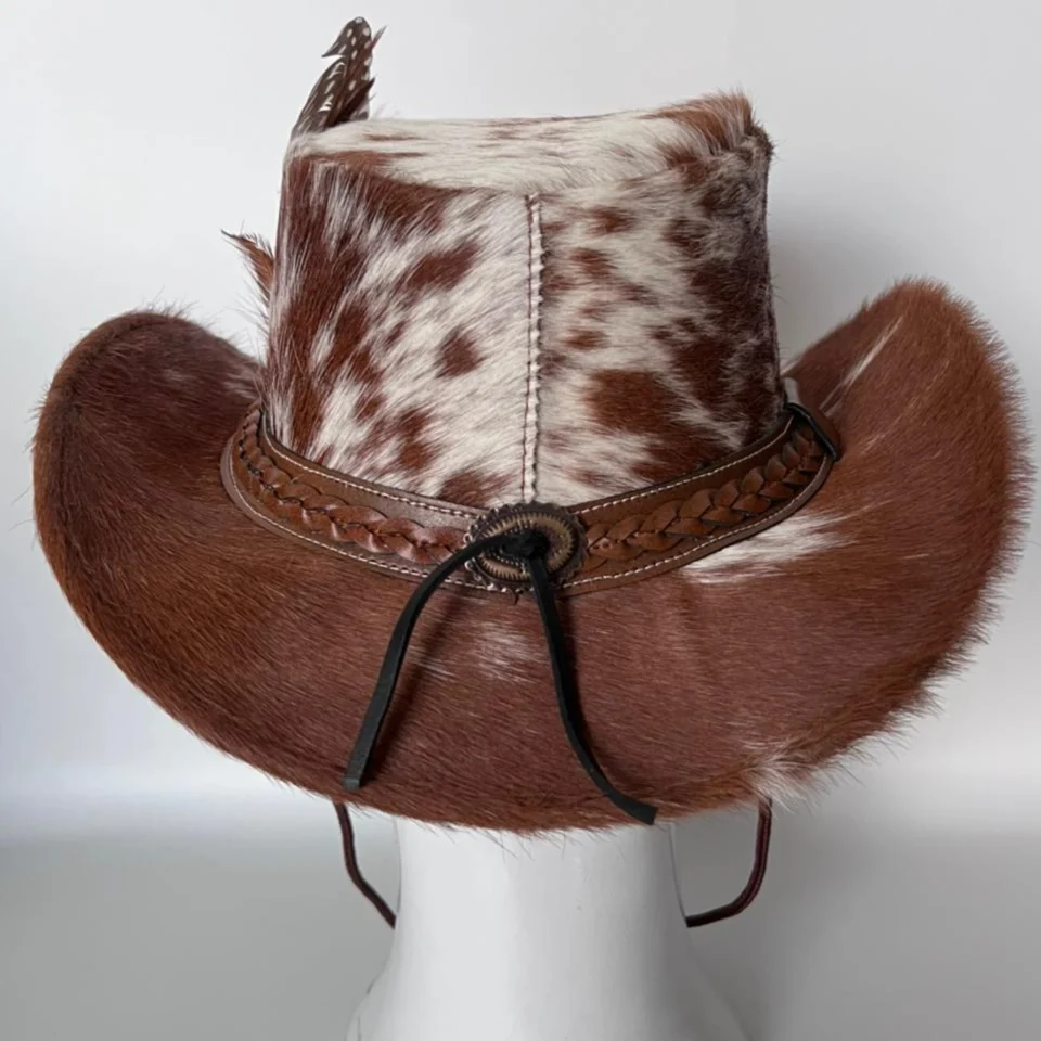 Brown White Cowhide Cowboy Hat with Brown Band back view - brown and white cowhide pattern with brown band cowhide western hat with spotted cowhide-style crown
