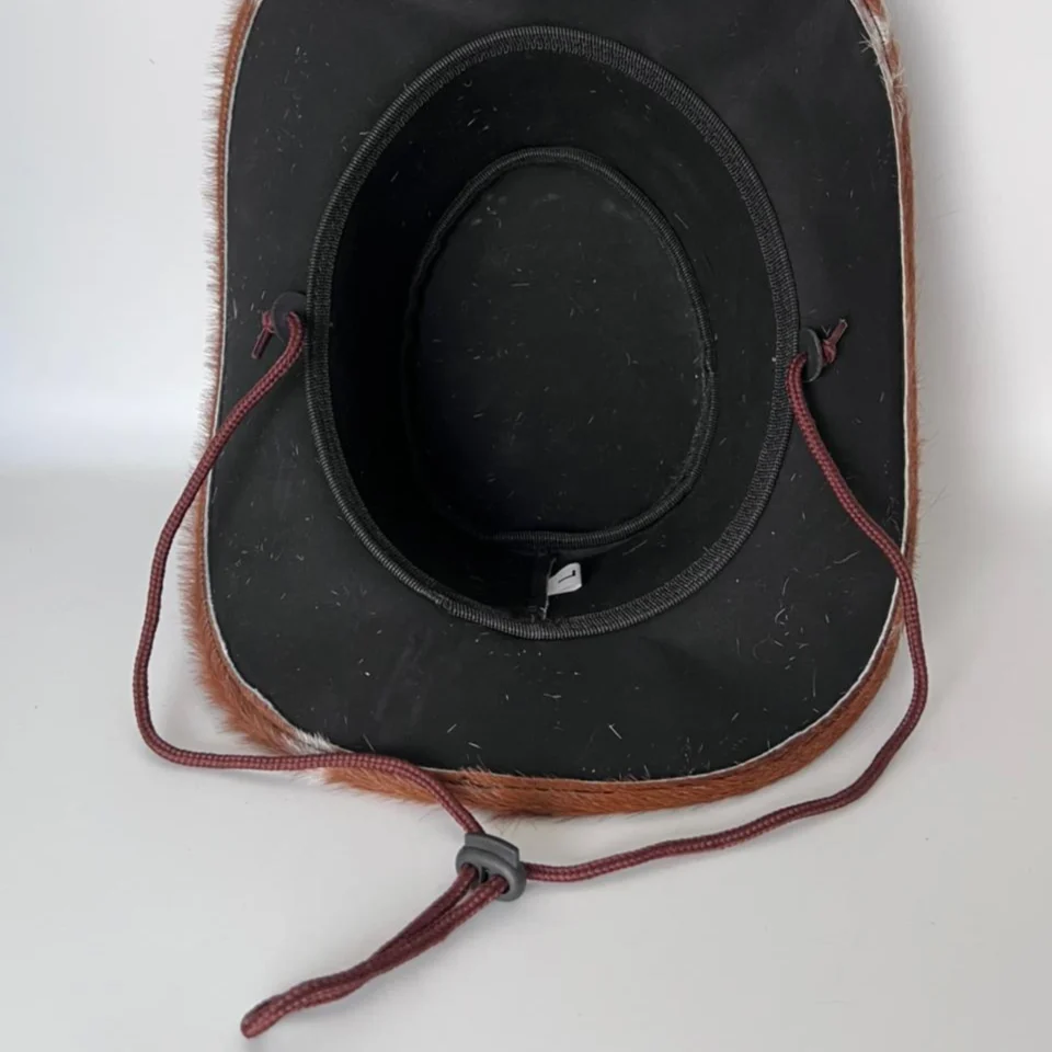 Brown White Cowhide Cowboy Hat with Brown Band detail view - brown and white cowhide pattern with brown band cowhide western hat with spotted cowhide-style crown