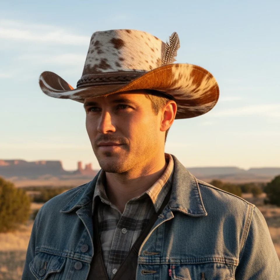 Brown White Cowhide Cowboy Hat with Brown Band front view - brown and white cowhide pattern with brown band cowhide western hat with spotted cowhide-style crown