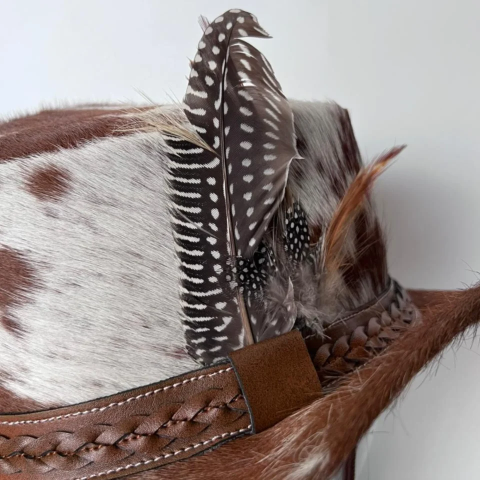 Brown White Cowhide Cowboy Hat with Brown Band gallery view 5 - brown and white cowhide pattern with brown band cowhide western hat with spotted cowhide-style crown