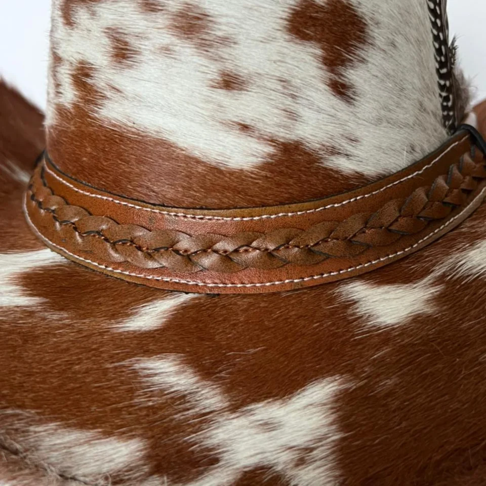 Brown White Cowhide Cowboy Hat with Brown Band gallery view 6 - brown and white cowhide pattern with brown band cowhide western hat with spotted cowhide-style crown