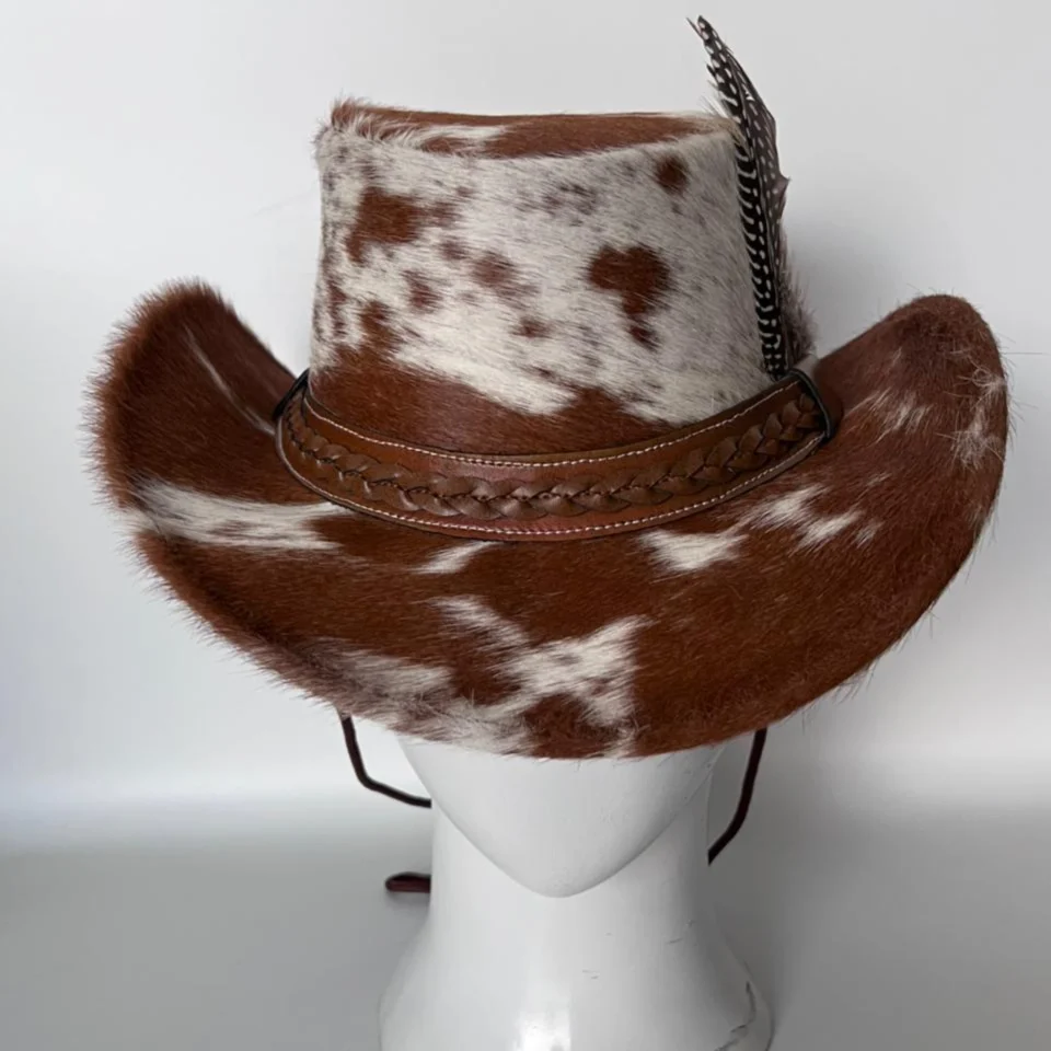Brown White Cowhide Cowboy Hat with Brown Band gallery view 7 - brown and white cowhide pattern with brown band cowhide western hat with spotted cowhide-style crown
