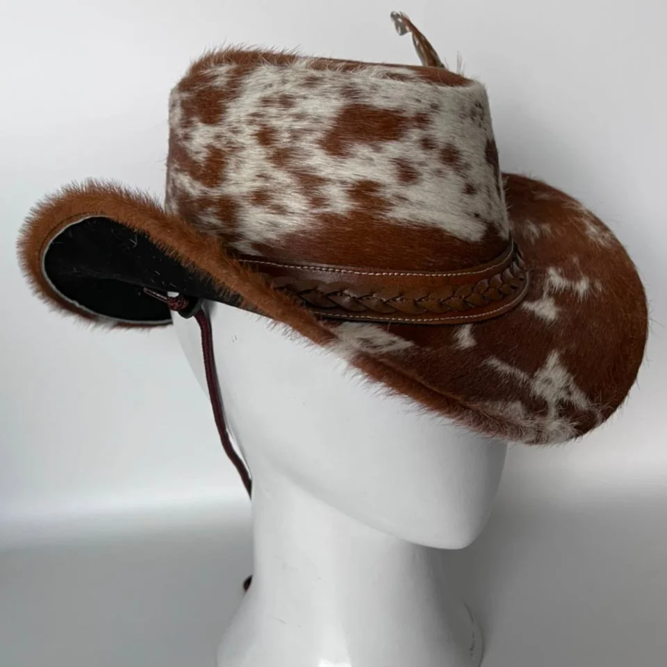 Brown White Cowhide Cowboy Hat with Brown Band gallery view 8 - brown and white cowhide pattern with brown band cowhide western hat with spotted cowhide-style crown