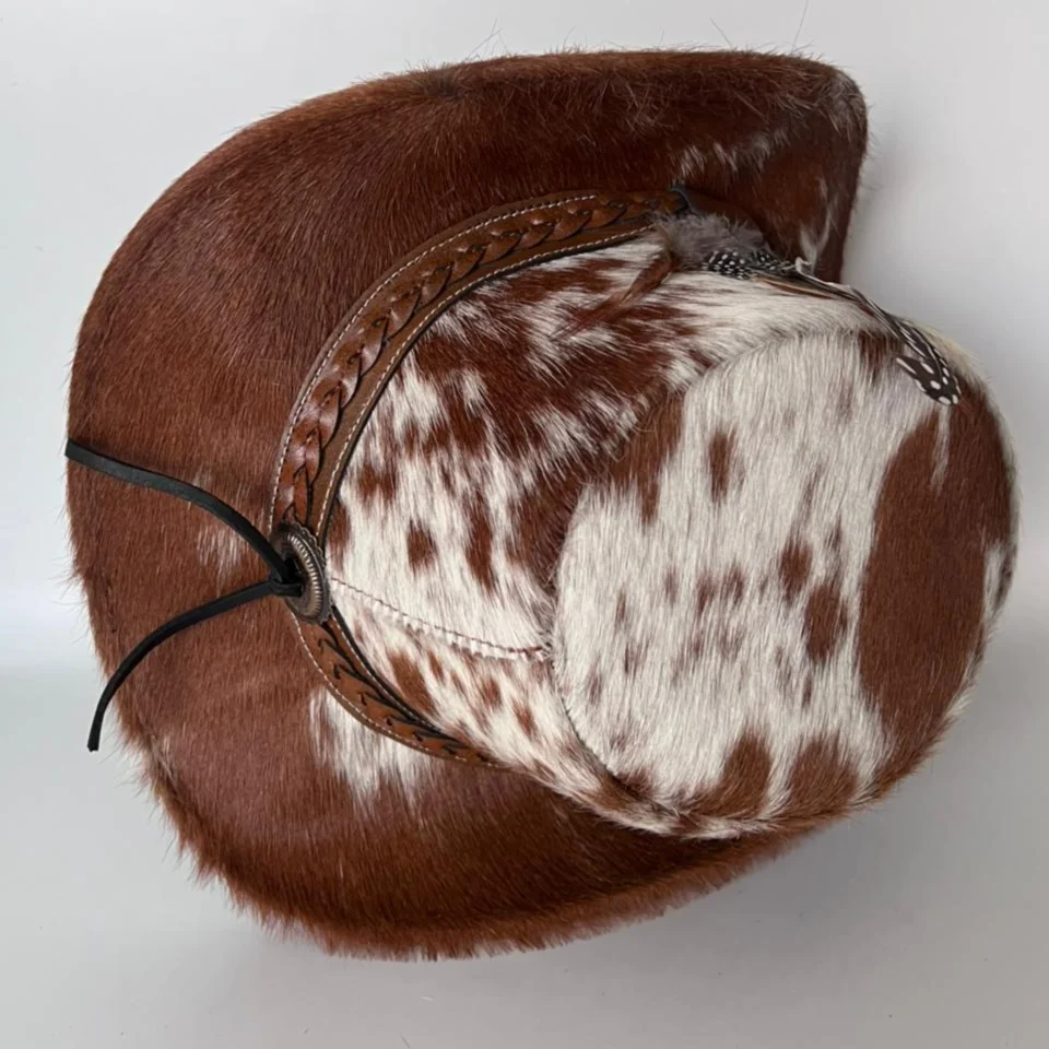 Brown White Cowhide Cowboy Hat with Brown Band gallery view 9 - brown and white cowhide pattern with brown band cowhide western hat with spotted cowhide-style crown