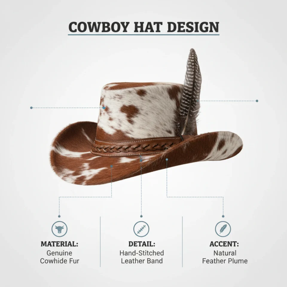Brown White Cowhide Cowboy Hat with Brown Band three-quarter view - brown and white cowhide pattern with brown band cowhide western hat with spotted cowhide-style crown