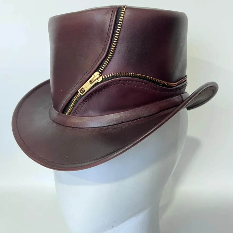 Light Neutral Handmade Leather Fashion Top Hat Style 135 back view - light neutral steampunk top hat with structured crown