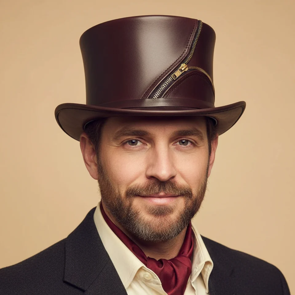Light Neutral Handmade Leather Fashion Top Hat Style 135 front view - light neutral steampunk top hat with structured crown