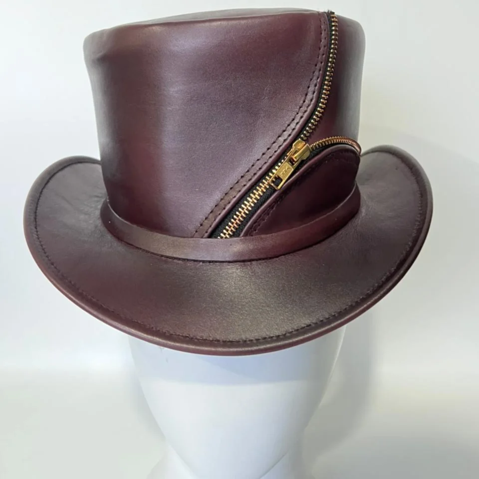 Light Neutral Handmade Leather Fashion Top Hat Style 135 gallery view 05 - light neutral steampunk top hat with structured crown
