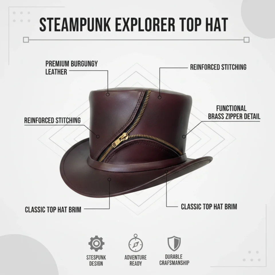 Light Neutral Handmade Leather Fashion Top Hat Style 135 three quarter view - light neutral steampunk top hat with structured crown