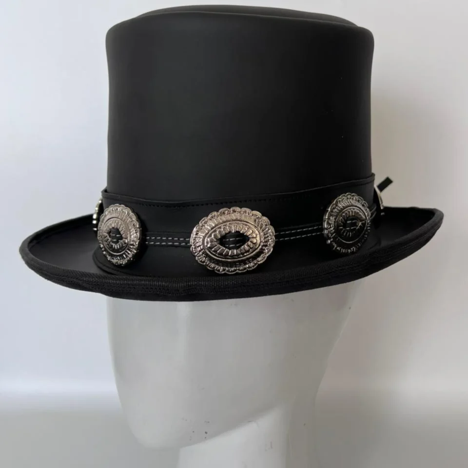 Light Neutral Handmade Leather Fashion Top Hat Style 138 back view - light neutral steampunk top hat with structured crown