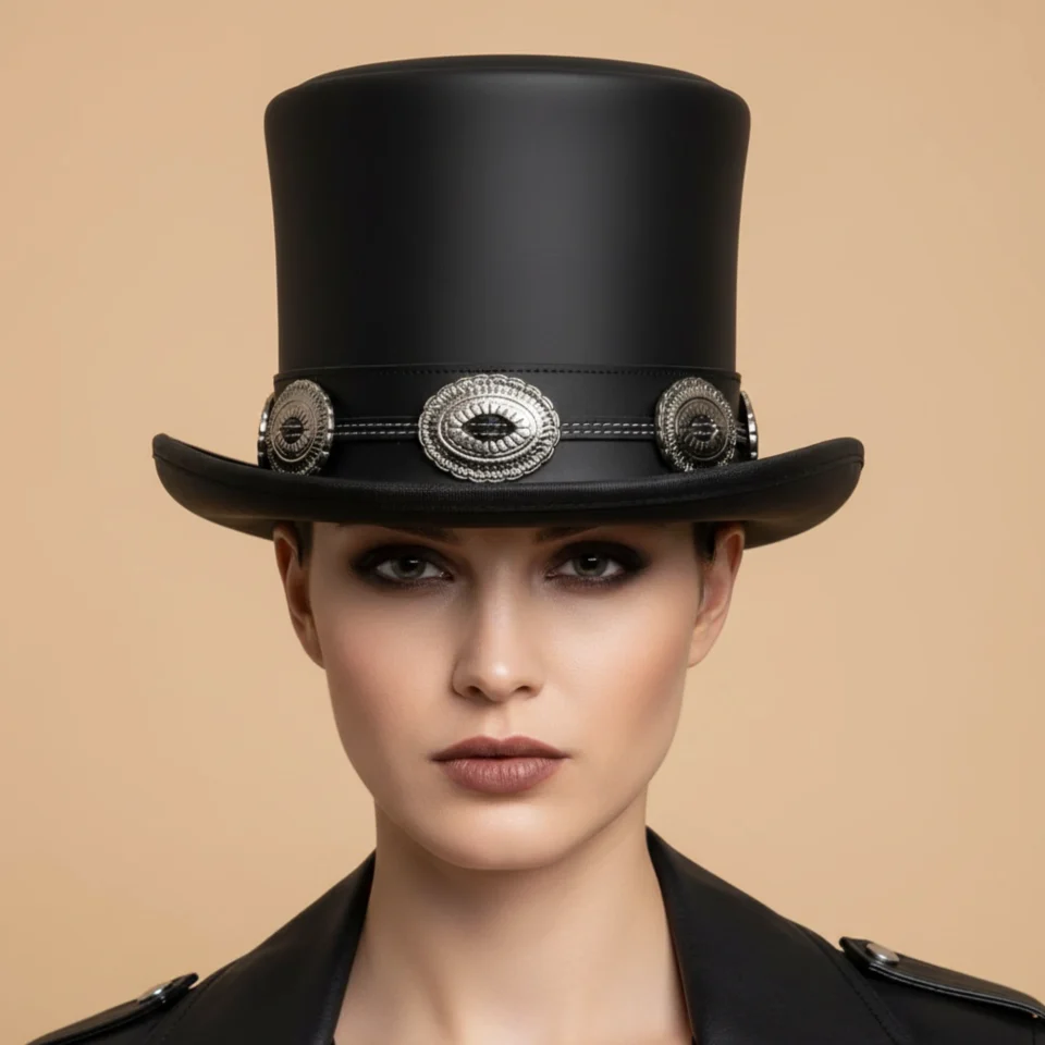 Light Neutral Handmade Leather Fashion Top Hat Style 138 front view - light neutral steampunk top hat with structured crown