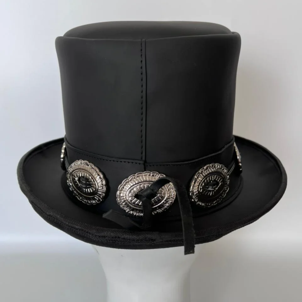 Light Neutral Handmade Leather Fashion Top Hat Style 138 side view - light neutral steampunk top hat with structured crown