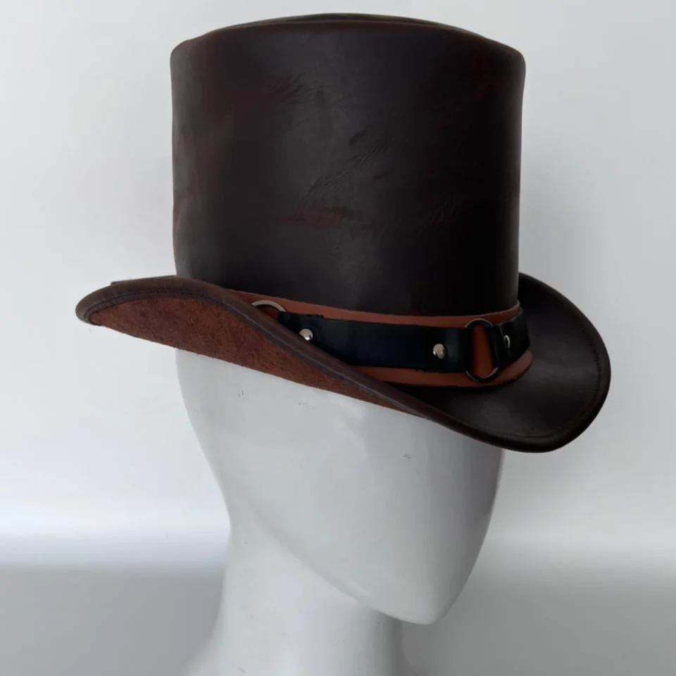 Light Neutral Handmade Leather Fashion Top Hat Style 141 back view - light neutral steampunk top hat with structured crown