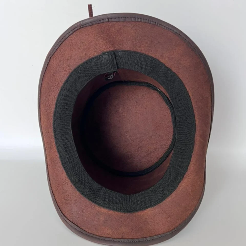 Light Neutral Handmade Leather Fashion Top Hat Style 141 detail view - light neutral steampunk top hat with structured crown