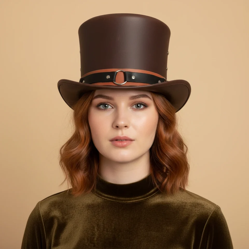 Light Neutral Handmade Leather Fashion Top Hat Style 141 front view - light neutral steampunk top hat with structured crown