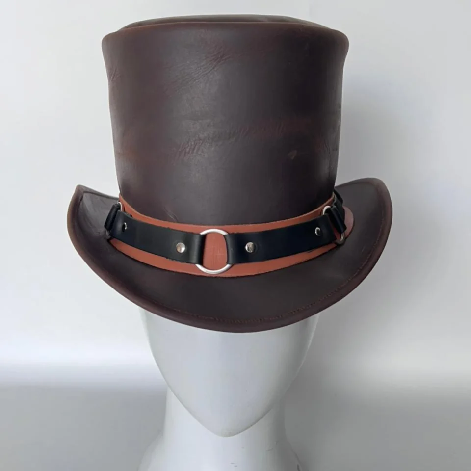 Light Neutral Handmade Leather Fashion Top Hat Style 141 gallery view 05 - light neutral steampunk top hat with structured crown