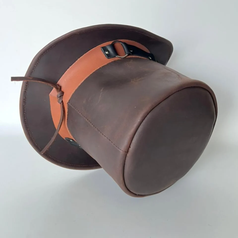 Light Neutral Handmade Leather Fashion Top Hat Style 141 gallery view 06 - light neutral steampunk top hat with structured crown