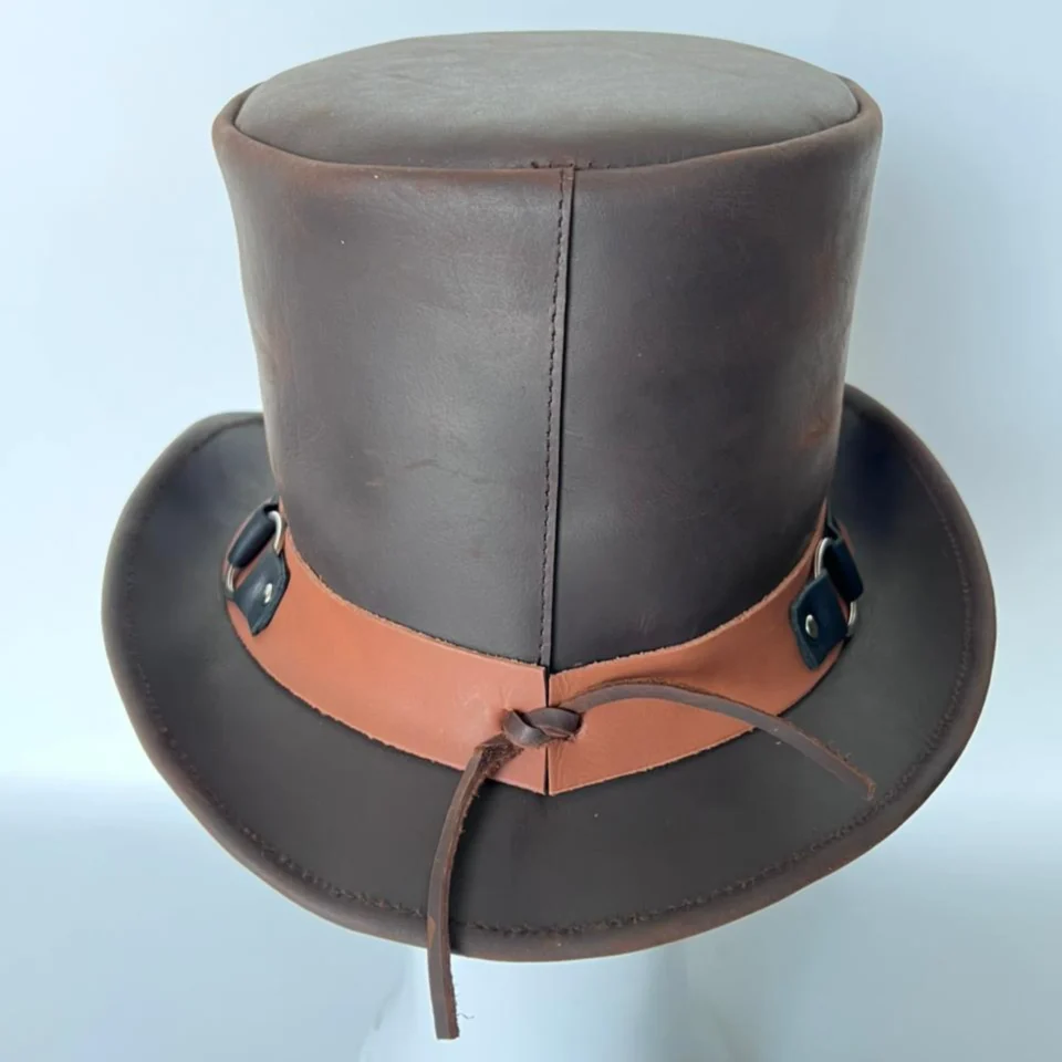Light Neutral Handmade Leather Fashion Top Hat Style 141 side view - light neutral steampunk top hat with structured crown