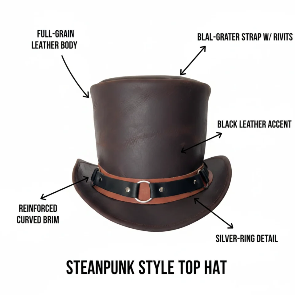 Light Neutral Handmade Leather Fashion Top Hat Style 141 three quarter view - light neutral steampunk top hat with structured crown