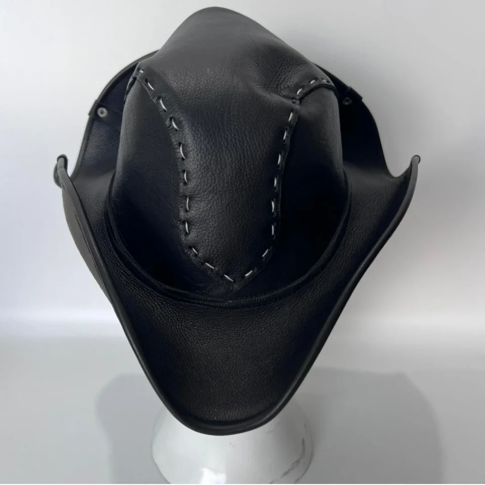Light Neutral Handmade Leather Fashion Top Hat Style 144 detail view - light neutral steampunk top hat with structured crown