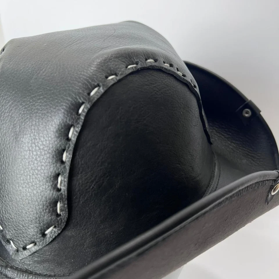 Light Neutral Handmade Leather Fashion Top Hat Style 144 side view - light neutral steampunk top hat with structured crown