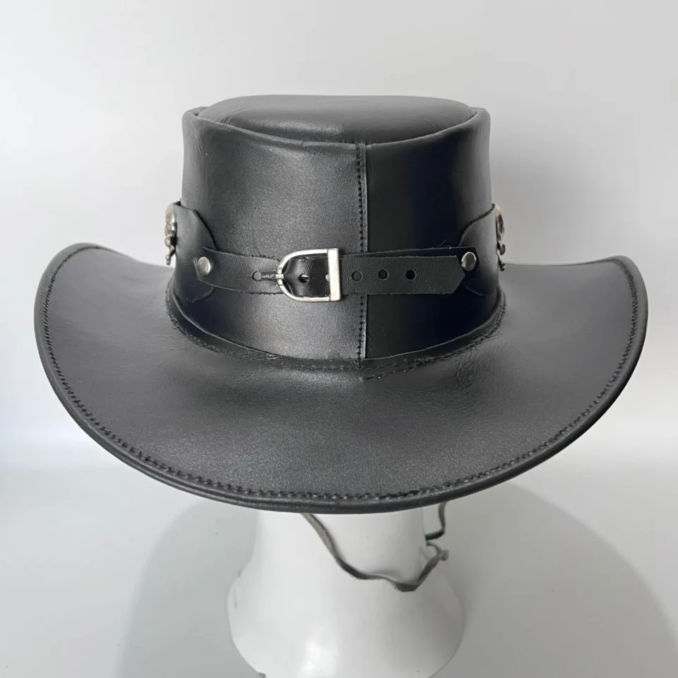 Light Neutral Handmade Leather Fashion Top Hat Style 147 back view - light neutral steampunk top hat with structured crown