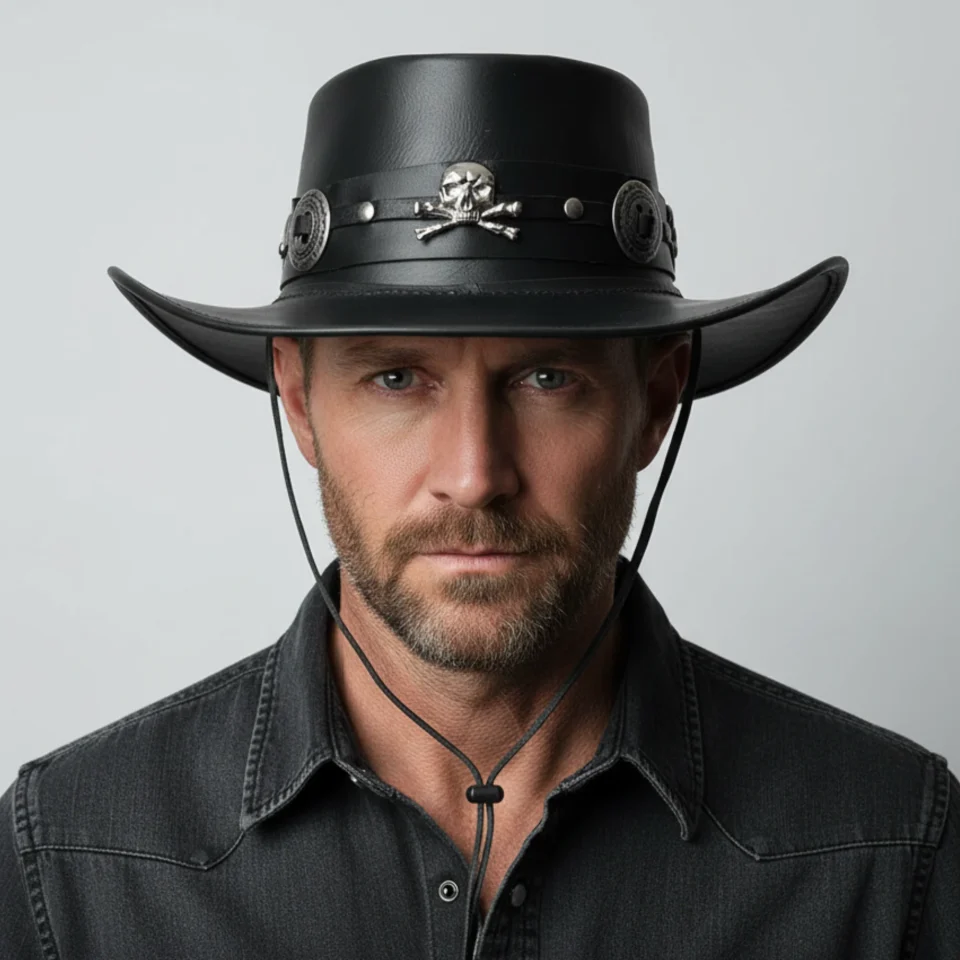 Light Neutral Handmade Leather Fashion Top Hat Style 147 front view - light neutral steampunk top hat with structured crown