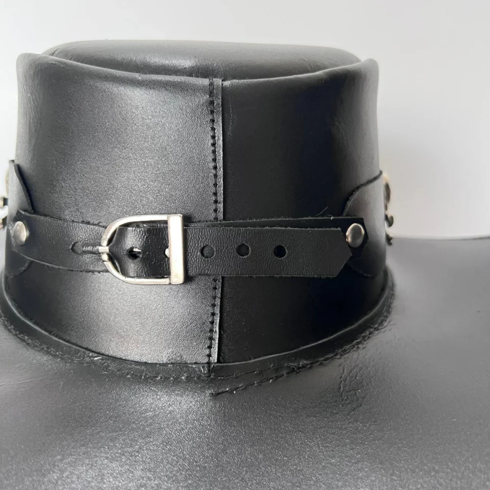 Light Neutral Handmade Leather Fashion Top Hat Style 147 side view - light neutral steampunk top hat with structured crown