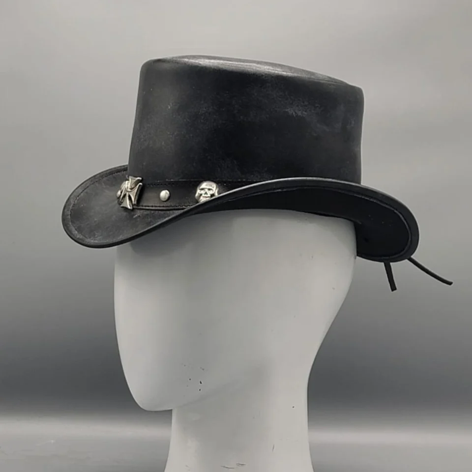 Light Neutral Handmade Leather Fashion Top Hat Style 150 back view - light neutral steampunk top hat with structured crown