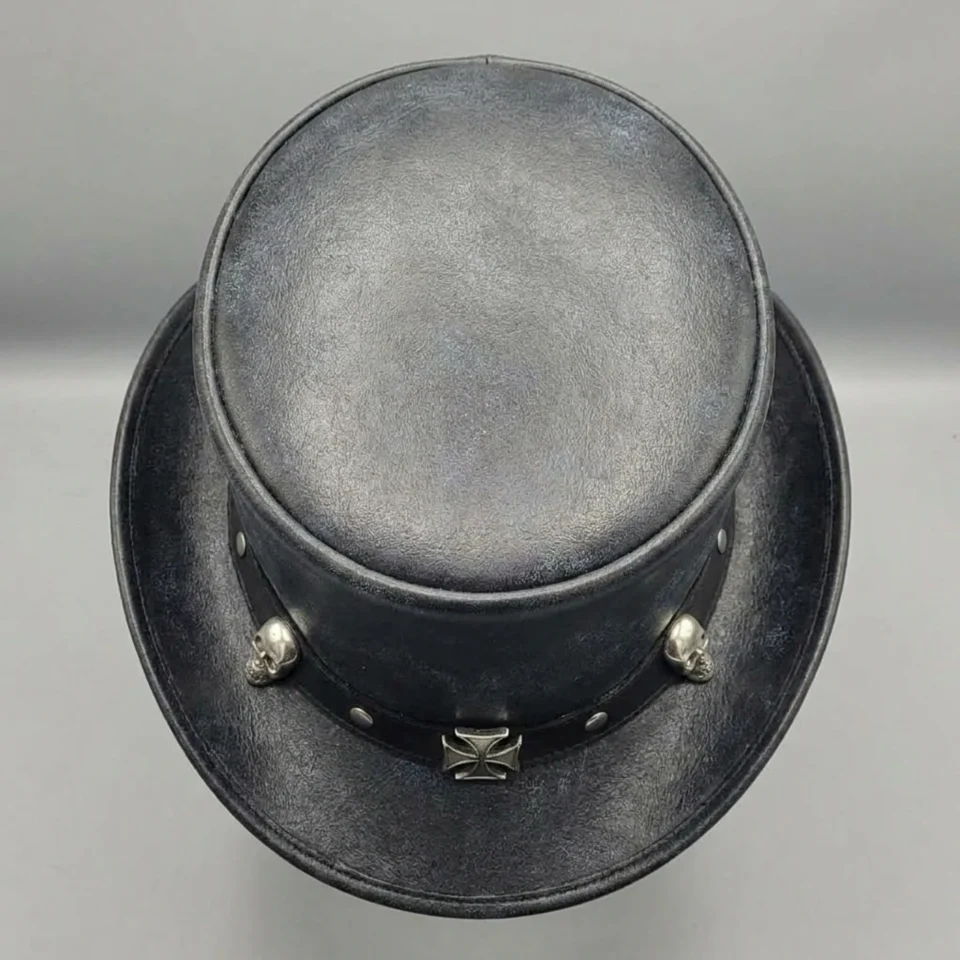 Light Neutral Handmade Leather Fashion Top Hat Style 150 detail view - light neutral steampunk top hat with structured crown
