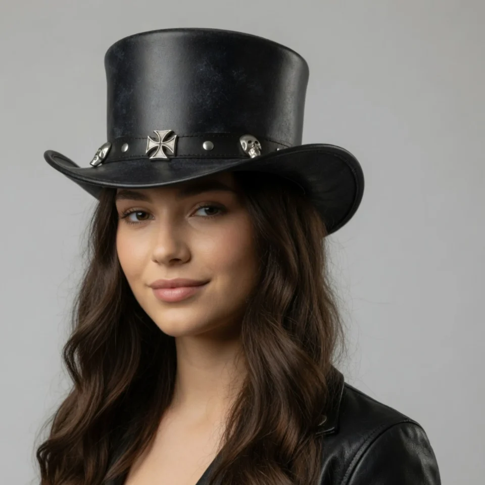 Light Neutral Handmade Leather Fashion Top Hat Style 150 front view - light neutral steampunk top hat with structured crown
