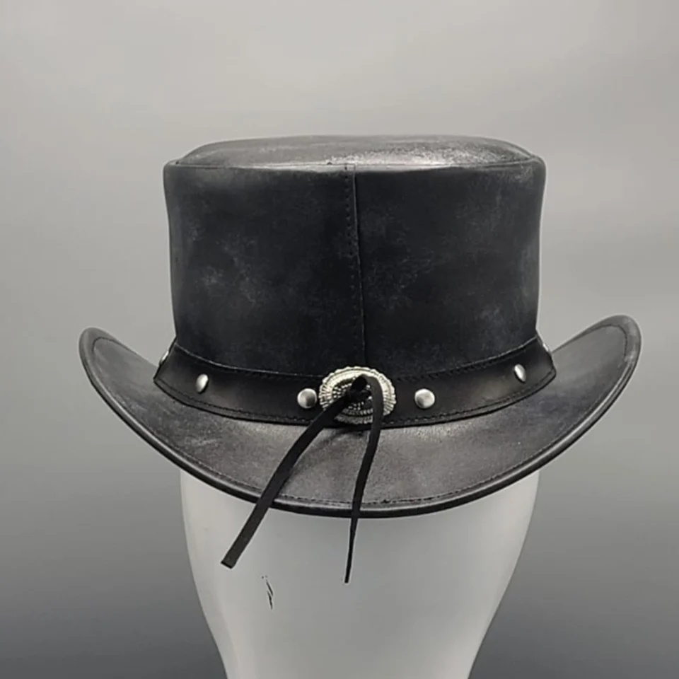 Light Neutral Handmade Leather Fashion Top Hat Style 150 gallery view 05 - light neutral steampunk top hat with structured crown
