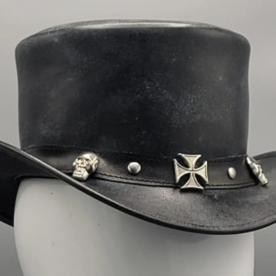 Light Neutral Handmade Leather Fashion Top Hat Style 150 gallery view 06 - light neutral steampunk top hat with structured crown