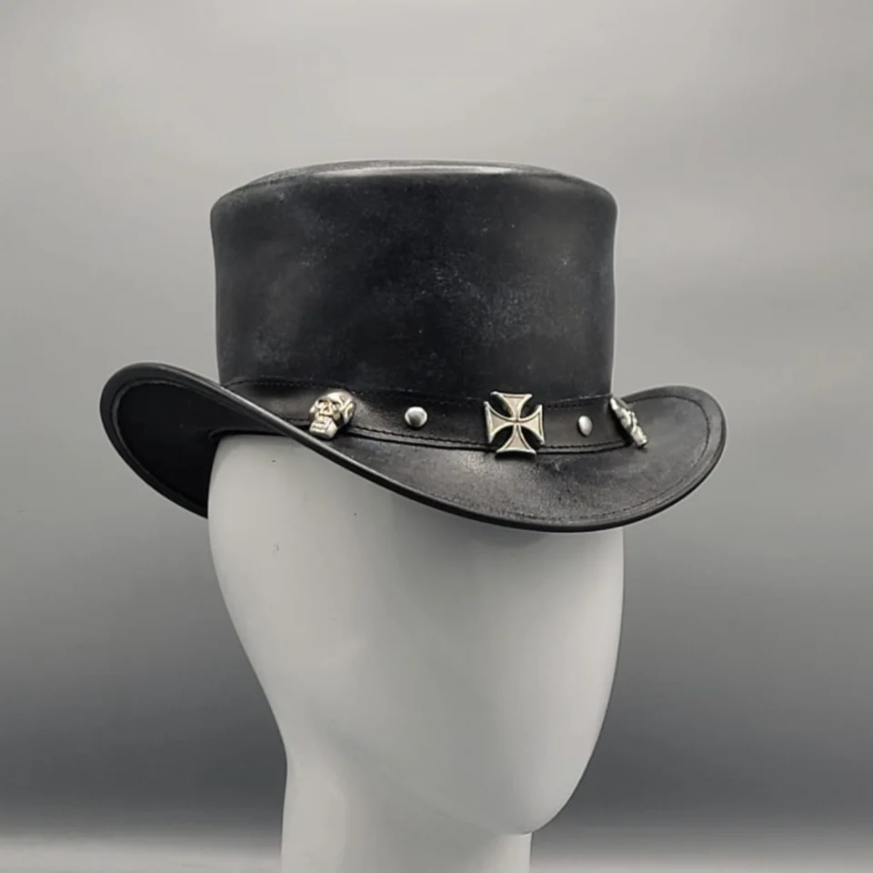 Light Neutral Handmade Leather Fashion Top Hat Style 150 side view - light neutral steampunk top hat with structured crown