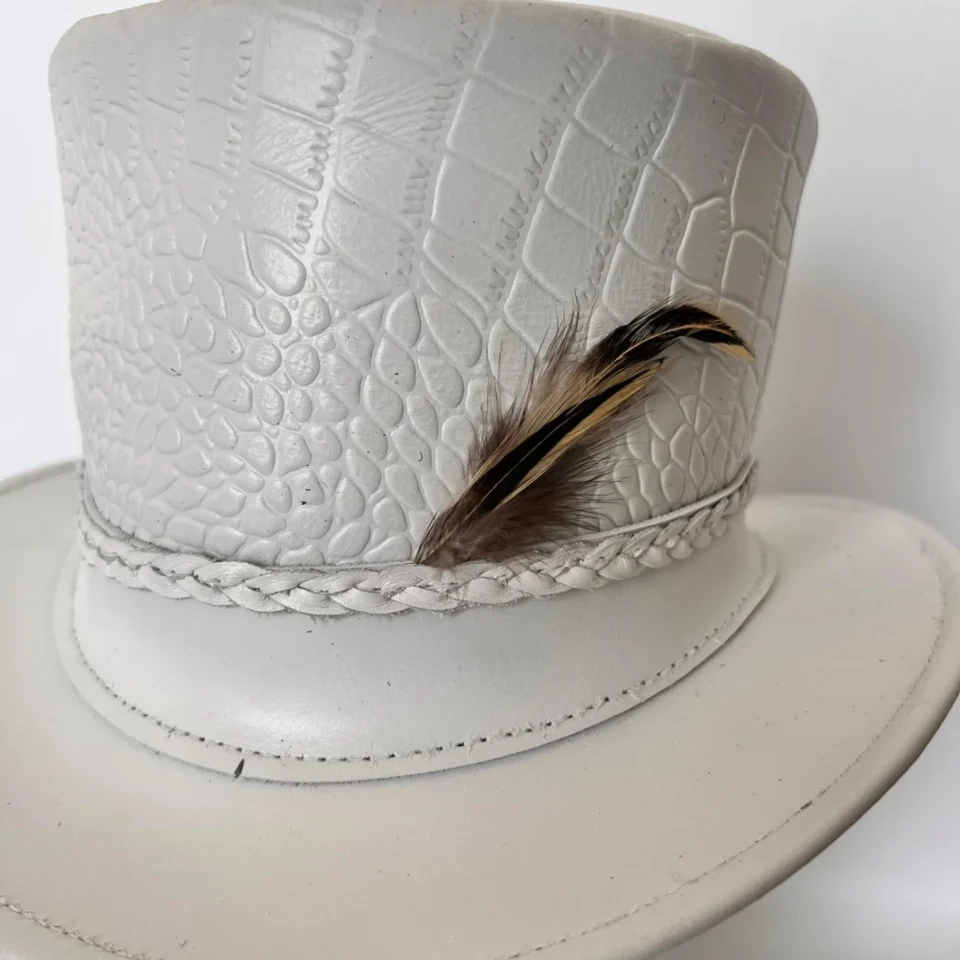Light Neutral Handmade Leather Fashion Top Hat Style 159 back view - light neutral steampunk top hat with structured crown