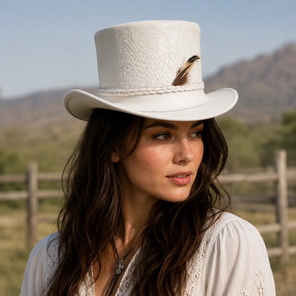 Light Neutral Handmade Leather Fashion Top Hat Style 159 front view - light neutral steampunk top hat with structured crown