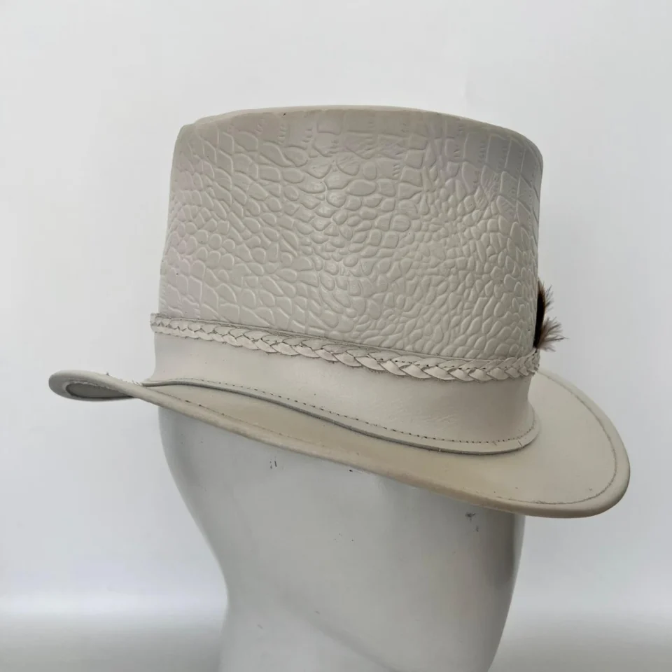 Light Neutral Handmade Leather Fashion Top Hat Style 159 gallery view 05 - light neutral steampunk top hat with structured crown