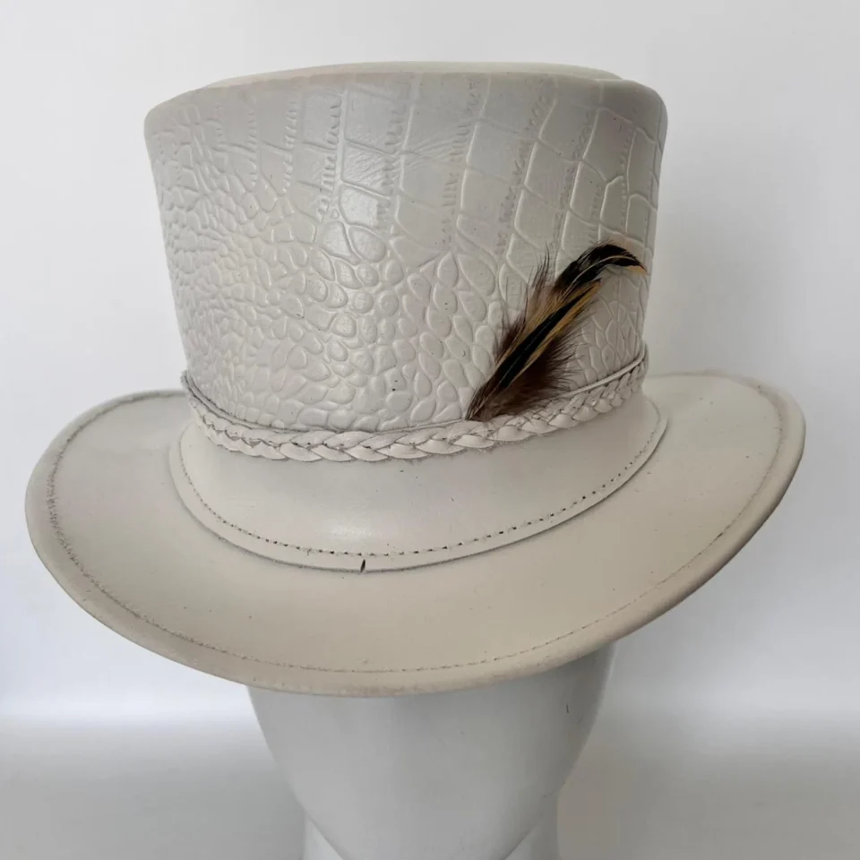 Light Neutral Handmade Leather Fashion Top Hat Style 159 gallery view 06 - light neutral steampunk top hat with structured crown