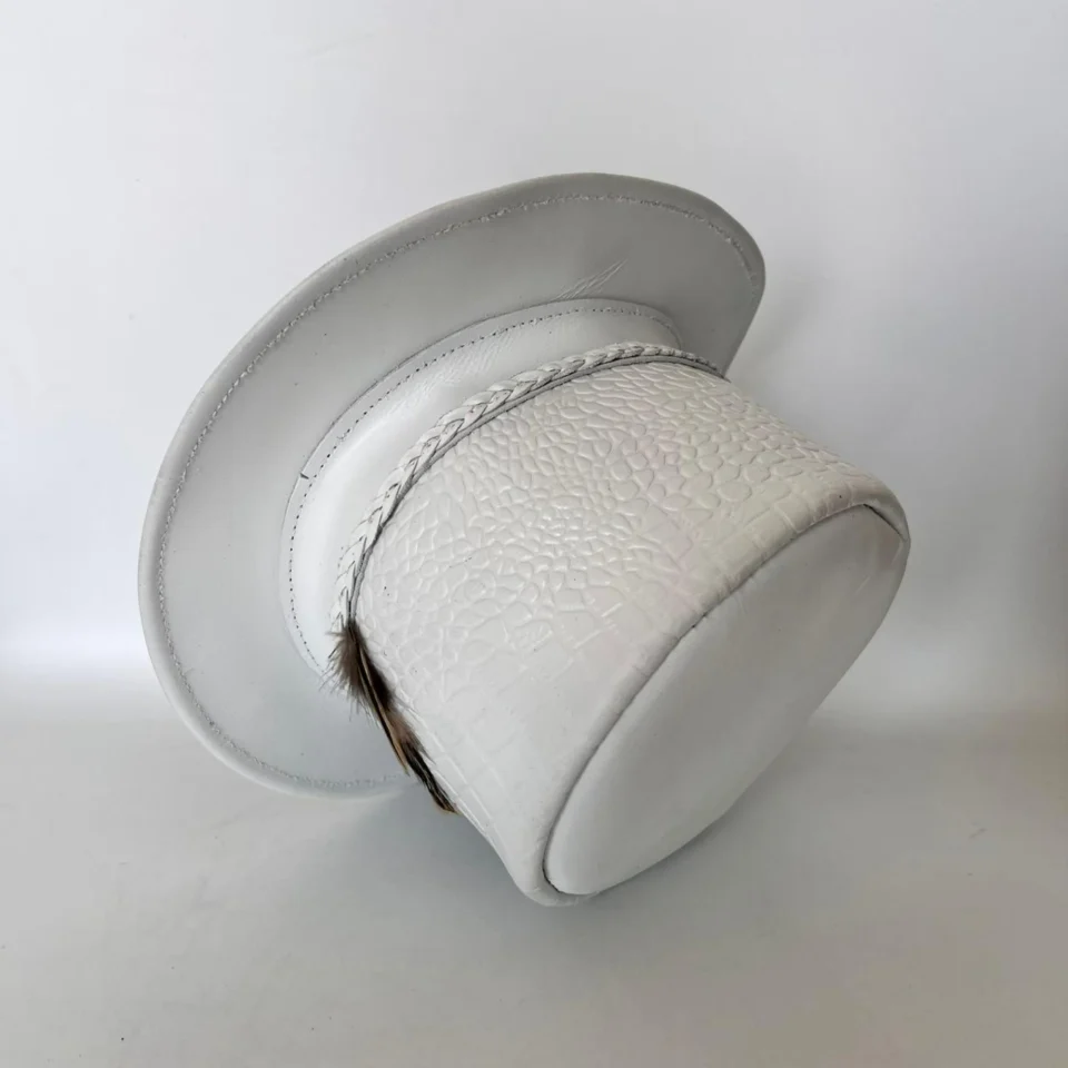 Light Neutral Handmade Leather Fashion Top Hat Style 159 gallery view 07 - light neutral steampunk top hat with structured crown