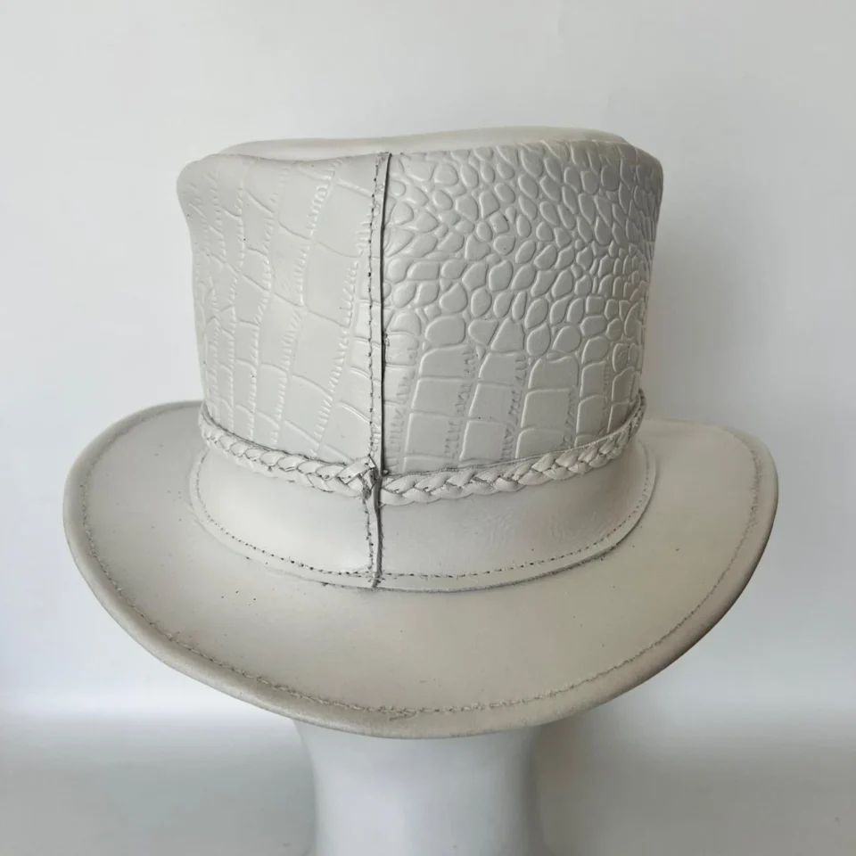 Light Neutral Handmade Leather Fashion Top Hat Style 159 side view - light neutral steampunk top hat with structured crown