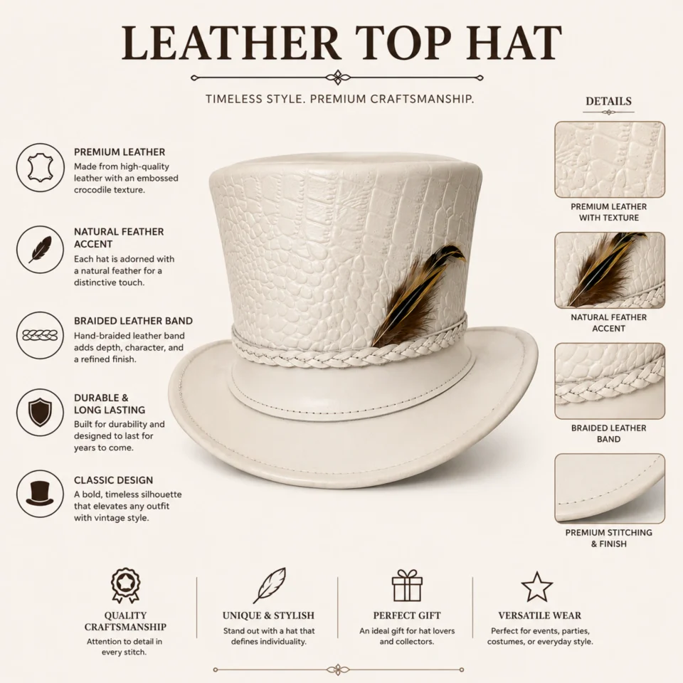 Light Neutral Handmade Leather Fashion Top Hat Style 159 three quarter view - light neutral steampunk top hat with structured crown