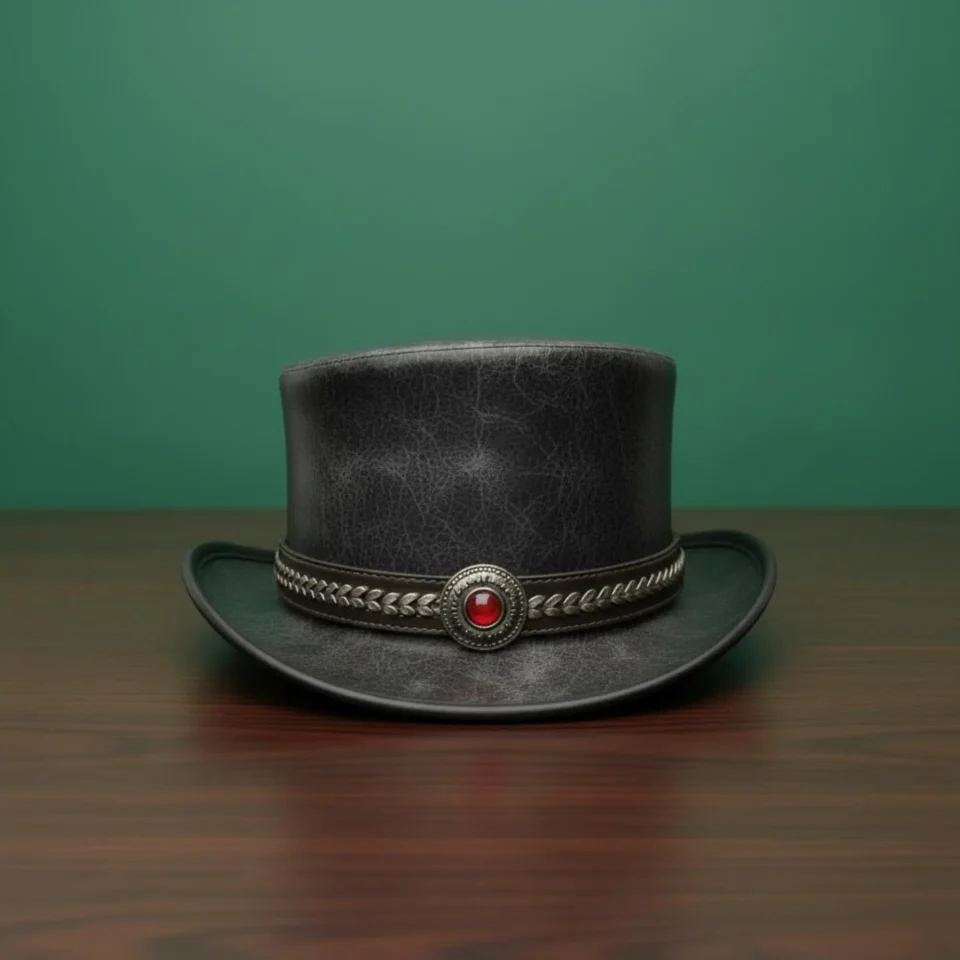 Light Neutral Handmade Leather Fashion Top Hat Style 165 back view - light neutral steampunk top hat with structured crown