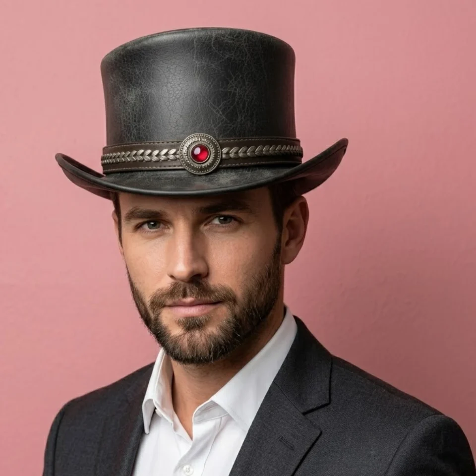 Light Neutral Handmade Leather Fashion Top Hat Style 165 front view - light neutral steampunk top hat with structured crown