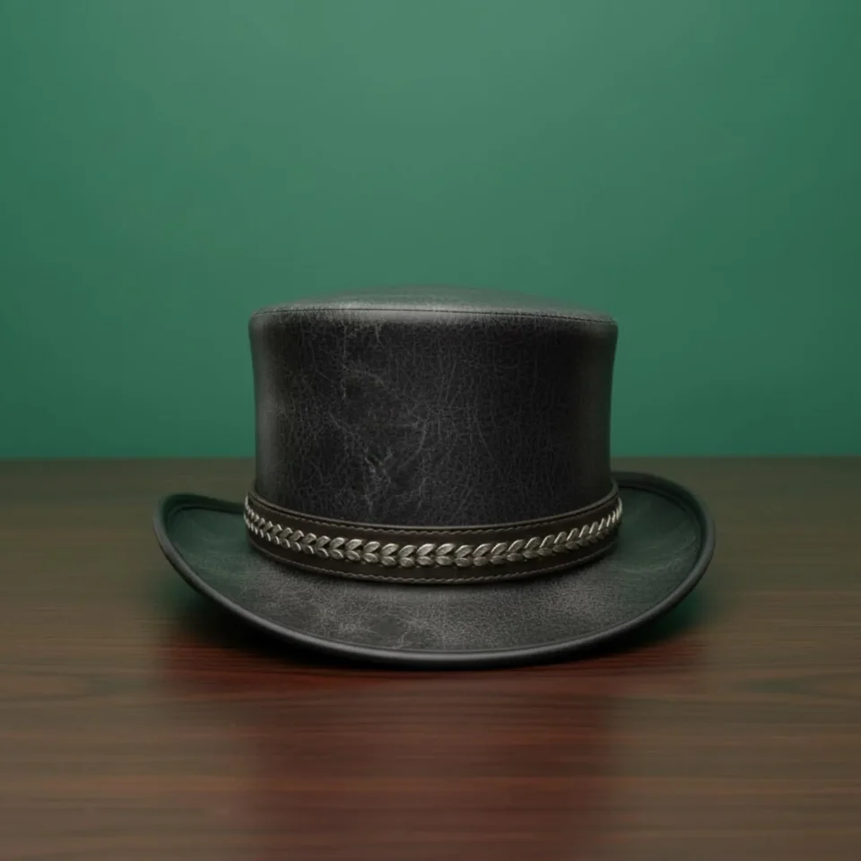 Light Neutral Handmade Leather Fashion Top Hat Style 165 gallery view 06 - light neutral steampunk top hat with structured crown